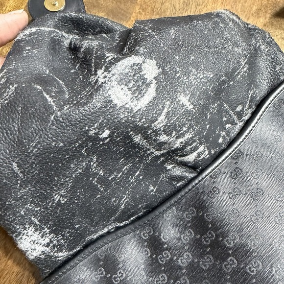 Vintage Gucci Horse Shoe Shoulder Bag Black Leather Canvas Monogram Authentic - Picture 13 of 16